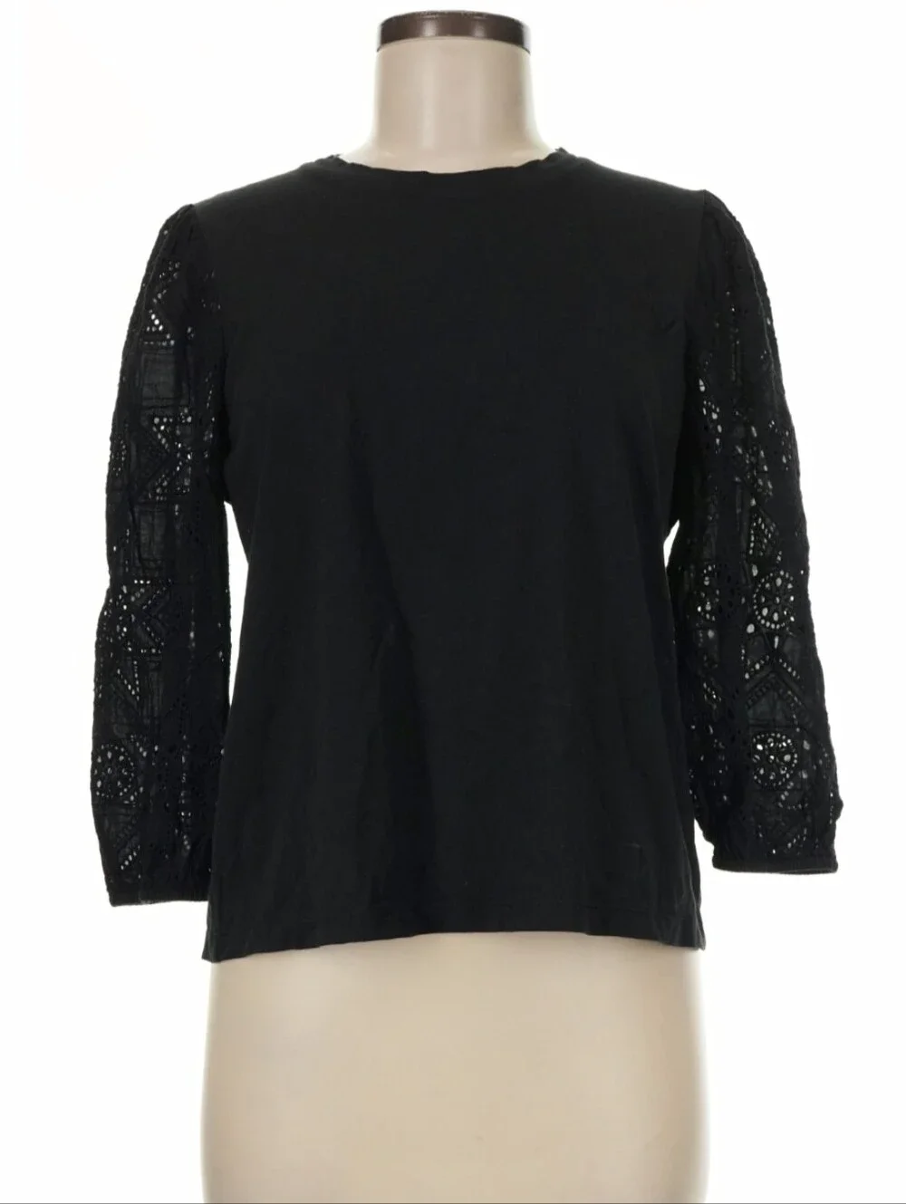 Johnny Was Nora Long Sleeve Easy Tee Black Eyelet Puff Sleeve Top Size Medium